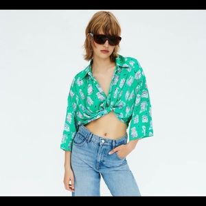 Zara knotted satin printed green shirt. BRAND NEW!